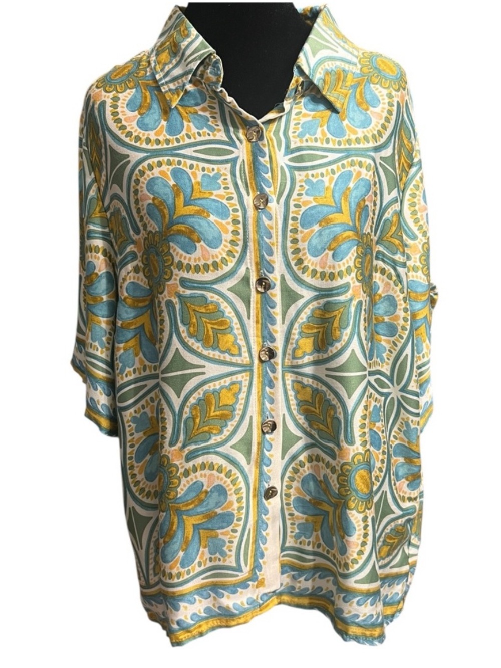 Haute Hippie Button Down Shirt L Green Blue Floral